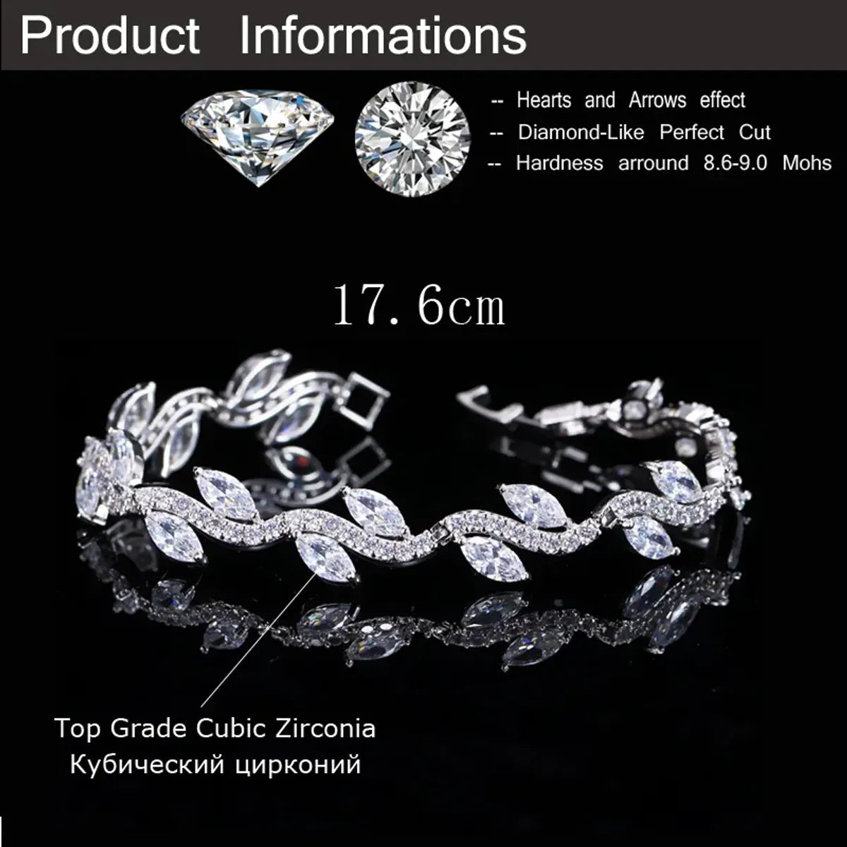 Elegant Glam Leaf Design Copper Bracelet with Zircon Inlay – White Gold Plated