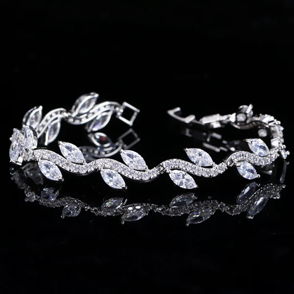 Elegant Glam Leaf Design Copper Bracelet with Zircon Inlay – White Gold Plated