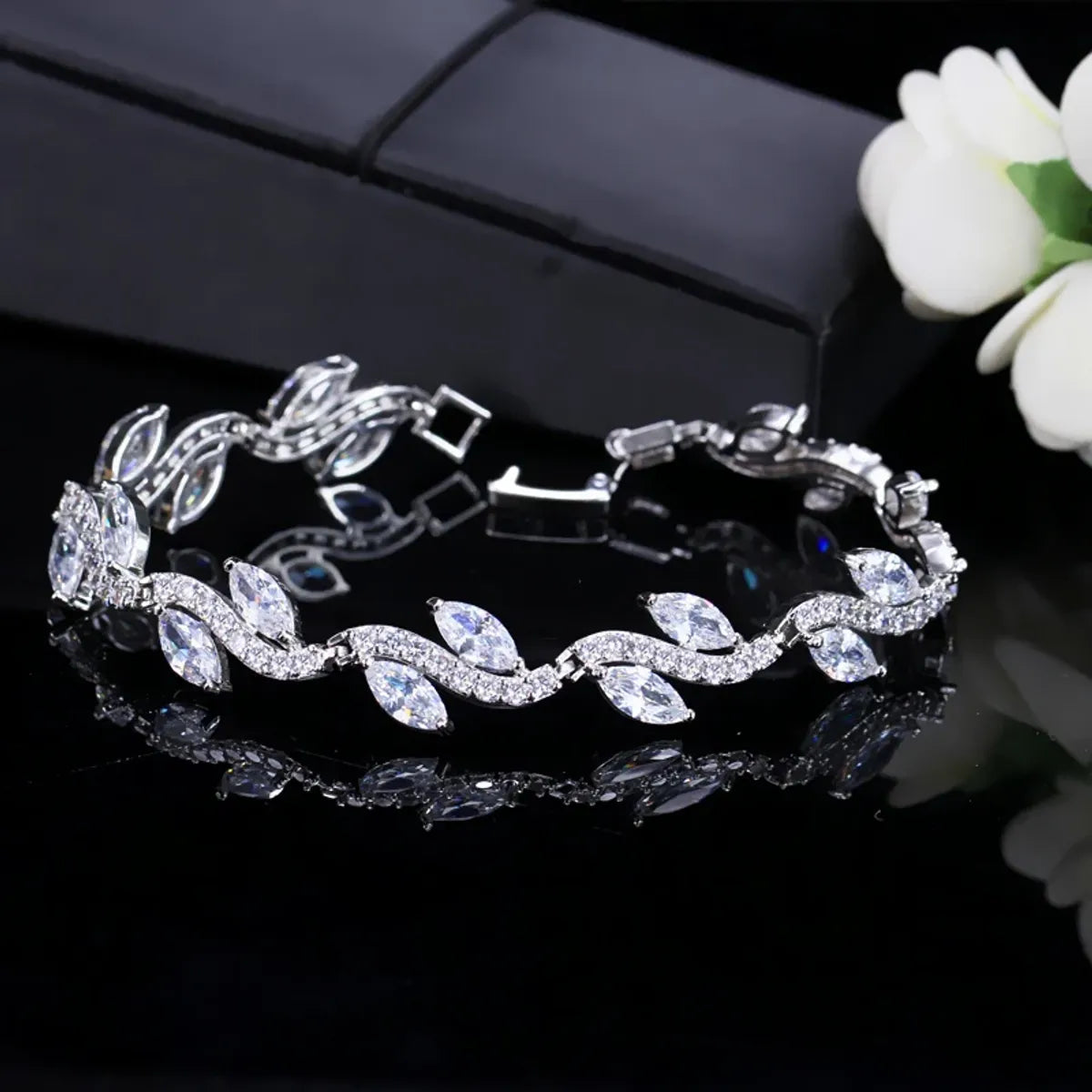 Elegant Glam Leaf Design Copper Bracelet with Zircon Inlay – White Gold Plated