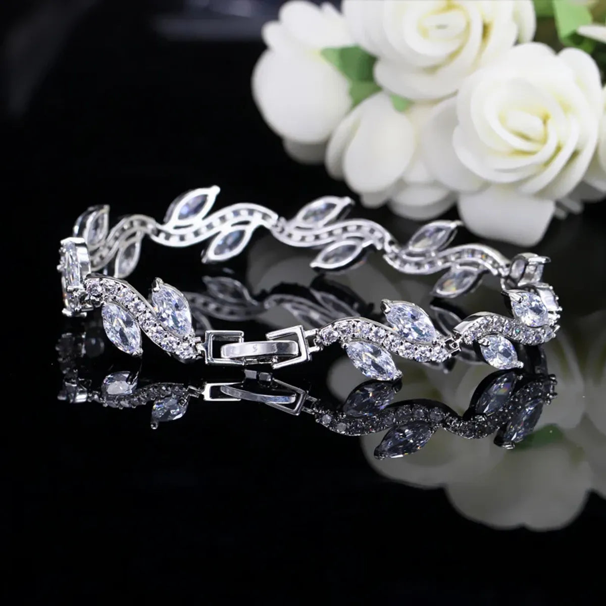 Elegant Glam Leaf Design Copper Bracelet with Zircon Inlay – White Gold Plated