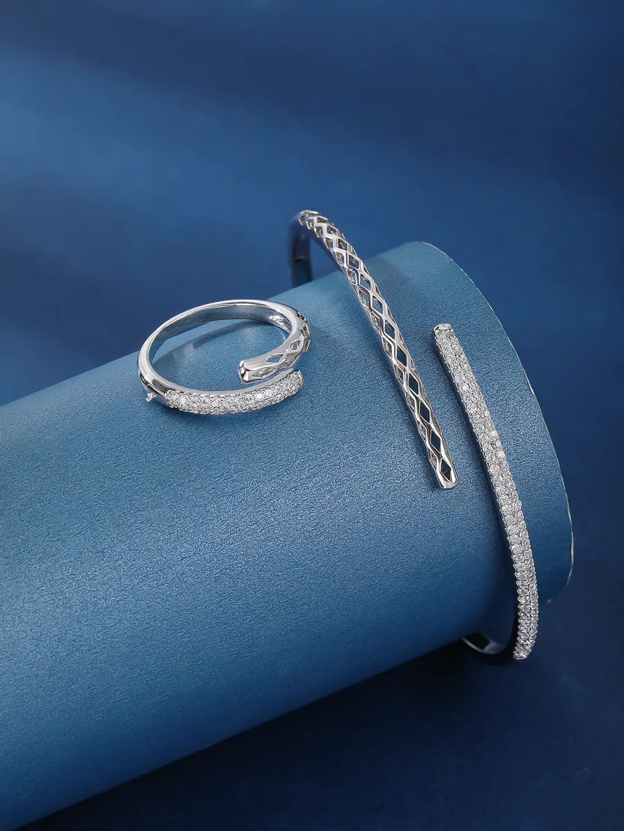 Glam Geometric Copper White Gold Plated Zircon Rings & Bracelets Set - Dariya Jewelry