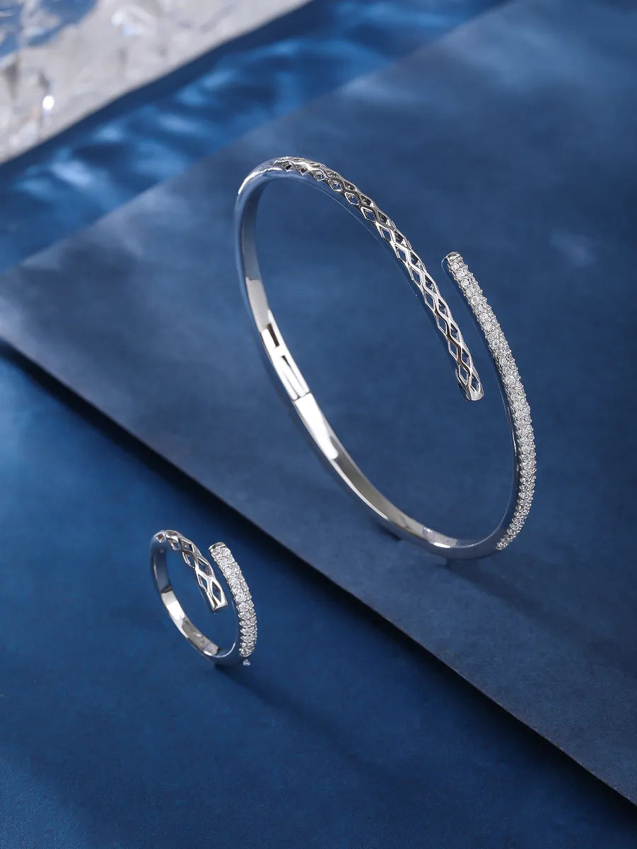 Glam Geometric Copper White Gold Plated Zircon Rings & Bracelets Set - Dariya Jewelry