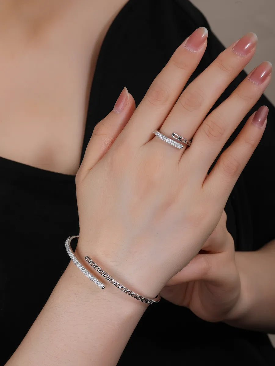 Glam Geometric Copper White Gold Plated Zircon Rings & Bracelets Set - Dariya Jewelry