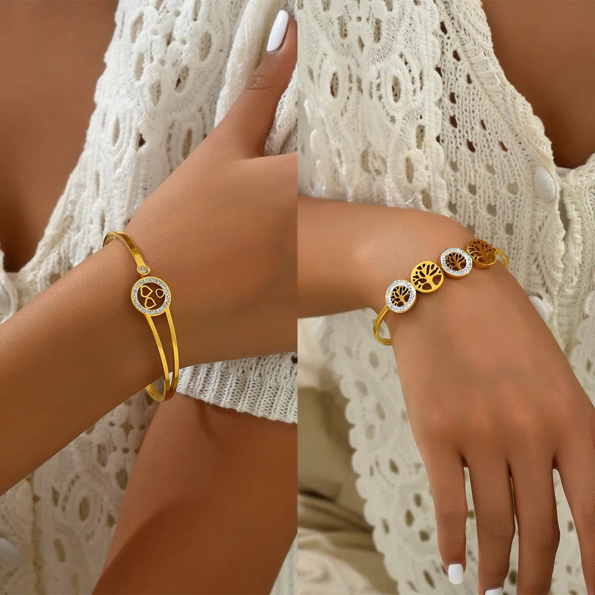 18K Gold Plated Tree & Heart Charm Bangle – Stainless Steel Shine