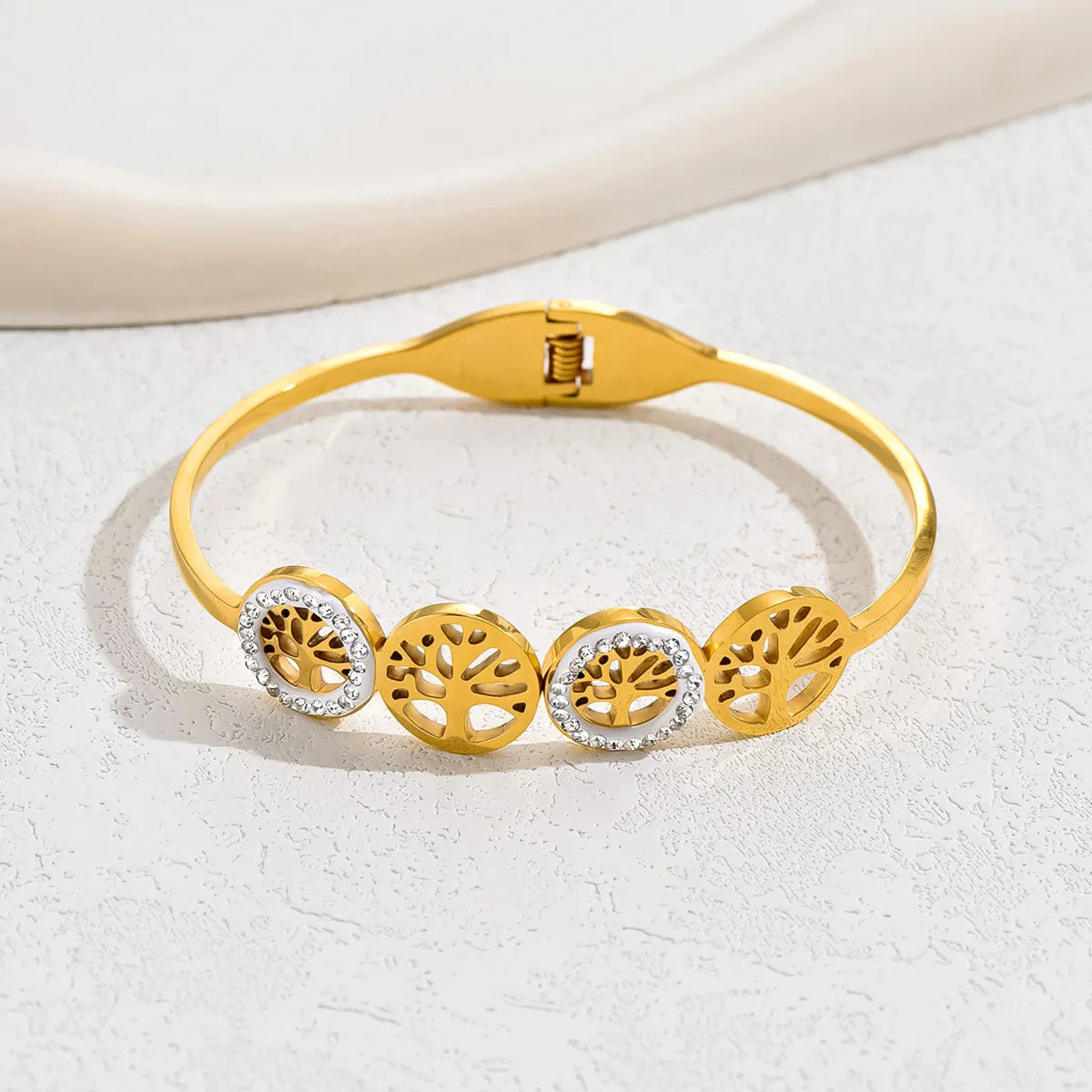 18K Gold Plated Tree & Heart Charm Bangle – Stainless Steel Shine