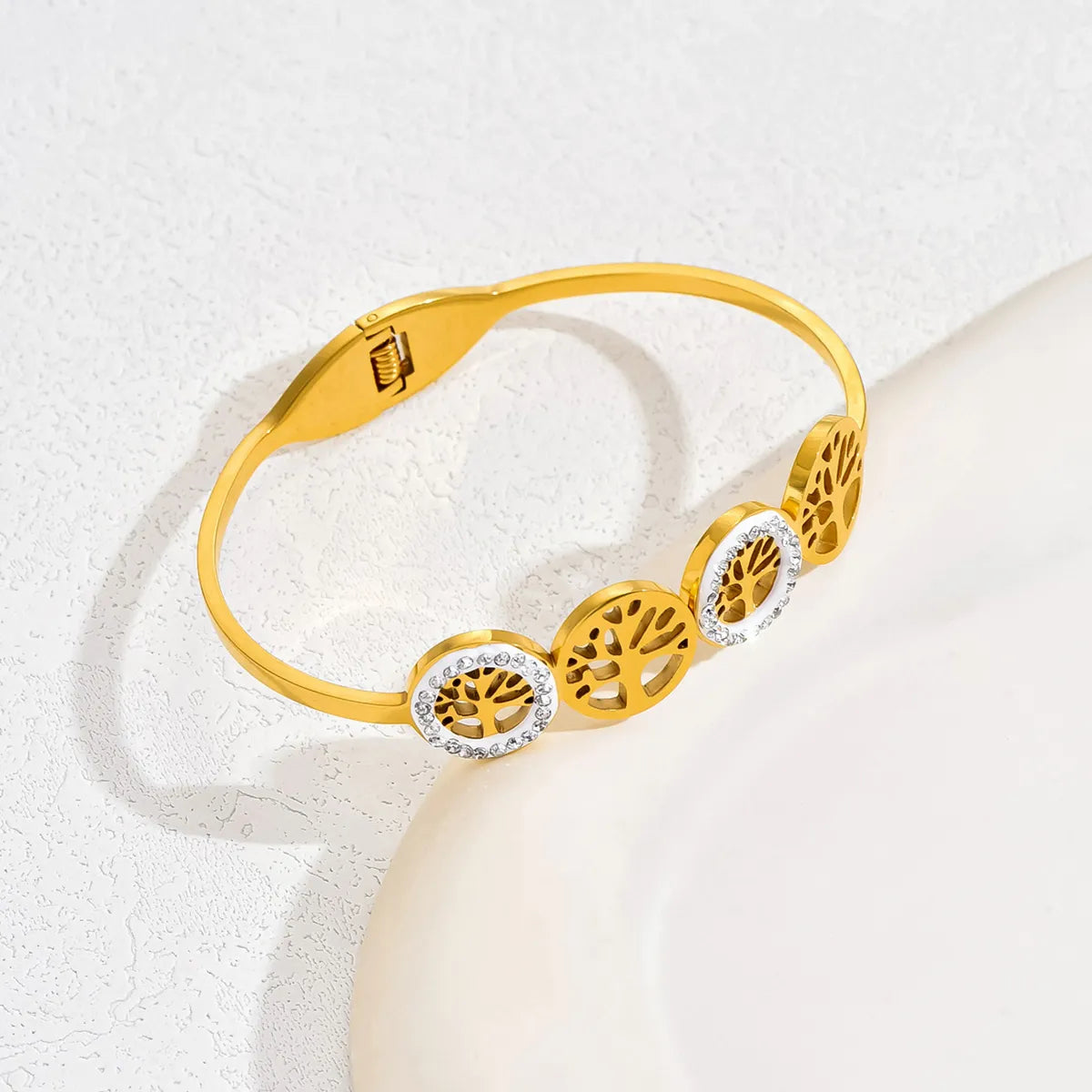 18K Gold Plated Tree & Heart Charm Bangle – Stainless Steel Shine