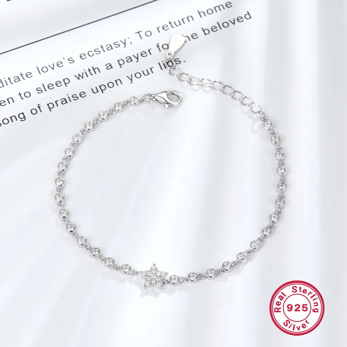 Sterling Silver White Gold-Plated Pentagram Star Zircon Bracelet - Simple Style