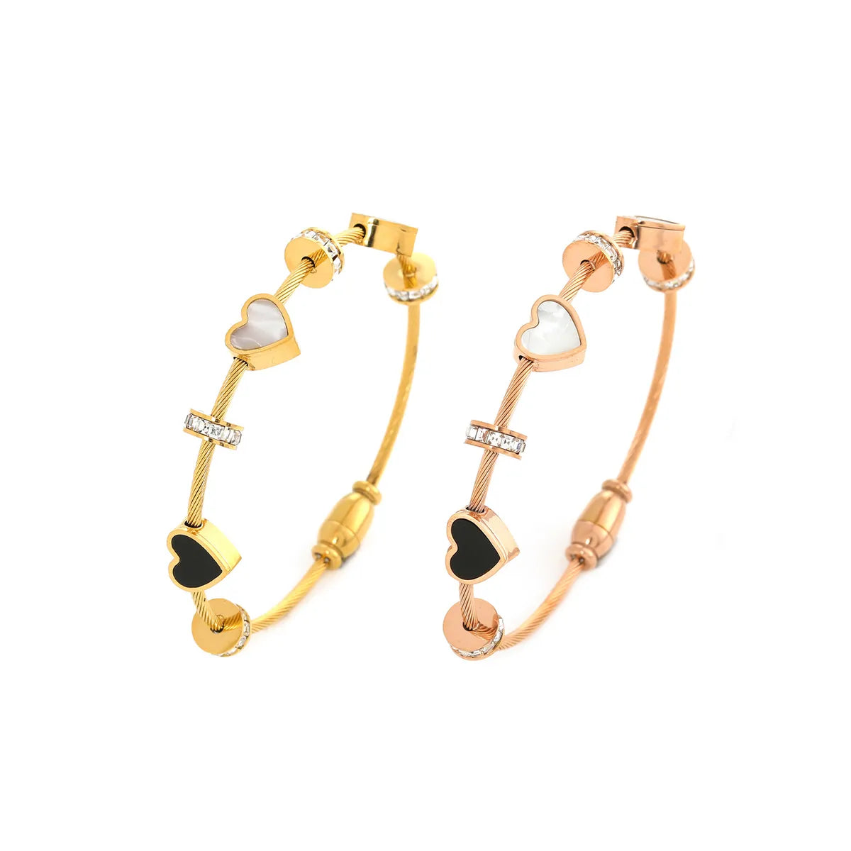 Heart Charm Bangle in 18K Gold Plated Stainless Steel – Sparkling Rhinestone Accents (SKU: BDIY70)