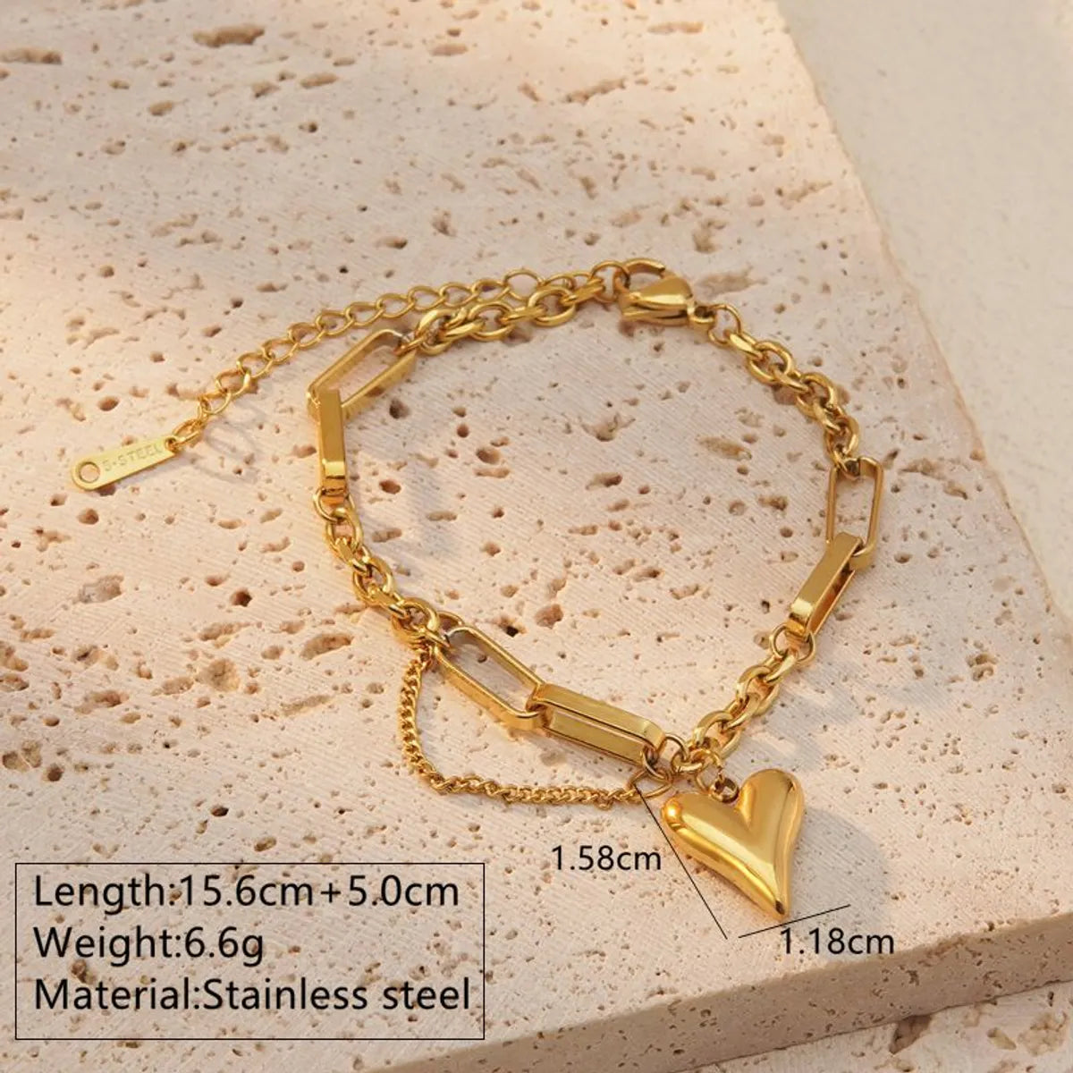18K Gold Plated Heart Charm Bracelet – 304 Stainless Steel, Trendy & Durable