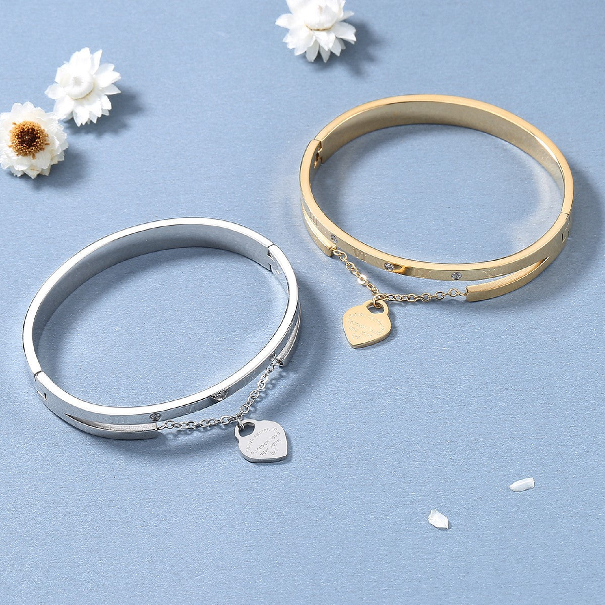 Trendy Heart Charm Stainless Steel Bangle with Roman Numerals - Gold & Silver