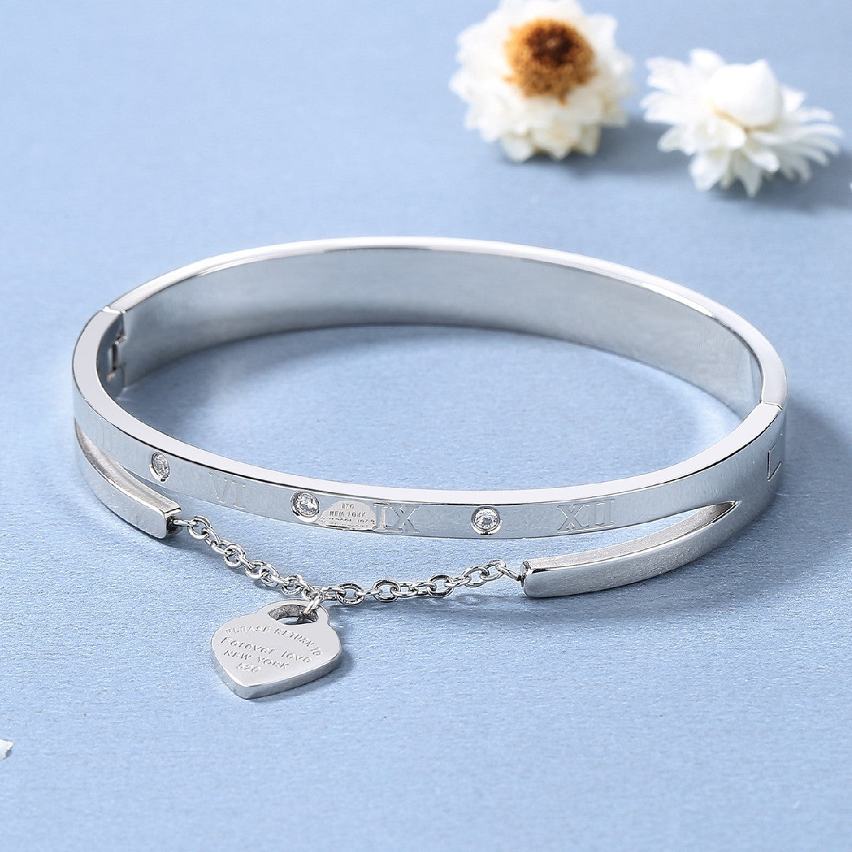 Trendy Heart Charm Stainless Steel Bangle with Roman Numerals - Gold & Silver