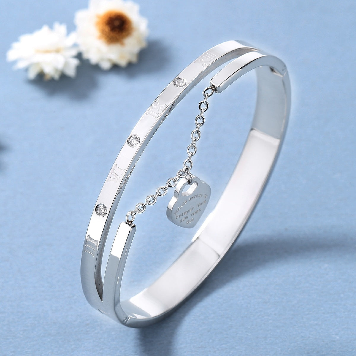 Trendy Heart Charm Stainless Steel Bangle with Roman Numerals - Gold & Silver