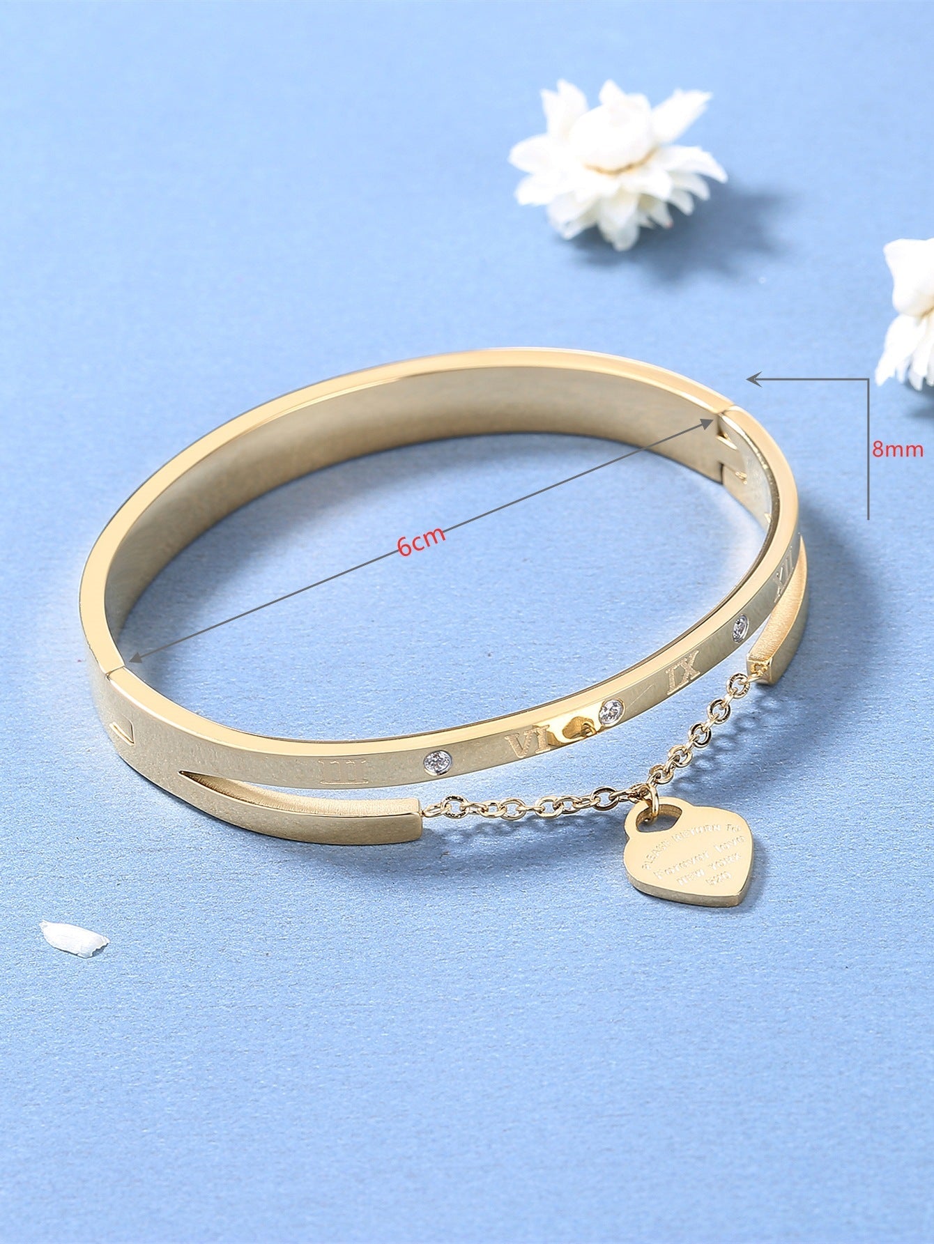 Trendy Heart Charm Stainless Steel Bangle with Roman Numerals - Gold & Silver