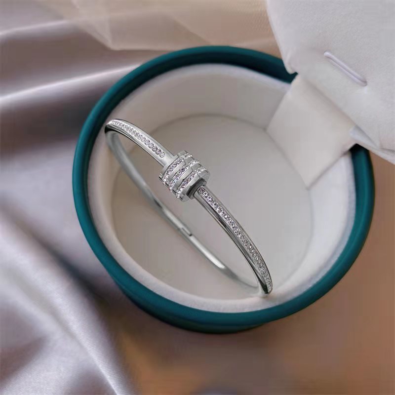 Titanium Steel Bangle with Triple Ring Charm & Rhinestones – Dariya Jewelry