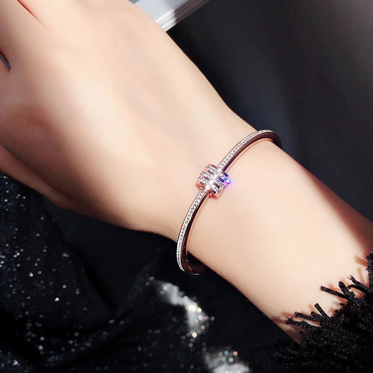 Titanium Steel Bangle with Triple Ring Charm & Rhinestones – Dariya Jewelry