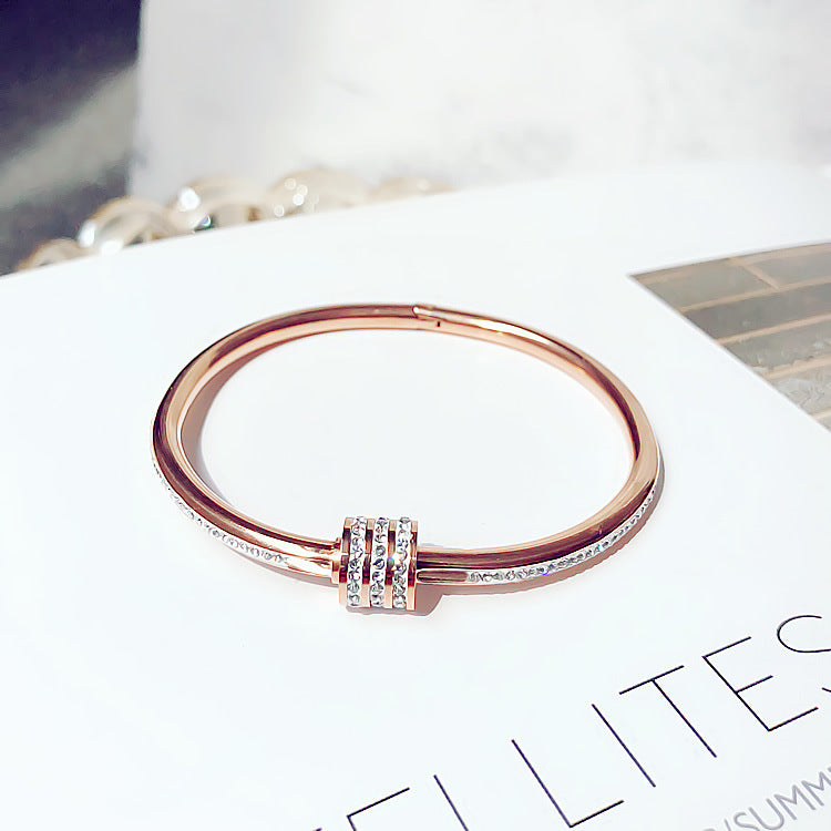 Titanium Steel Bangle with Triple Ring Charm & Rhinestones – Dariya Jewelry