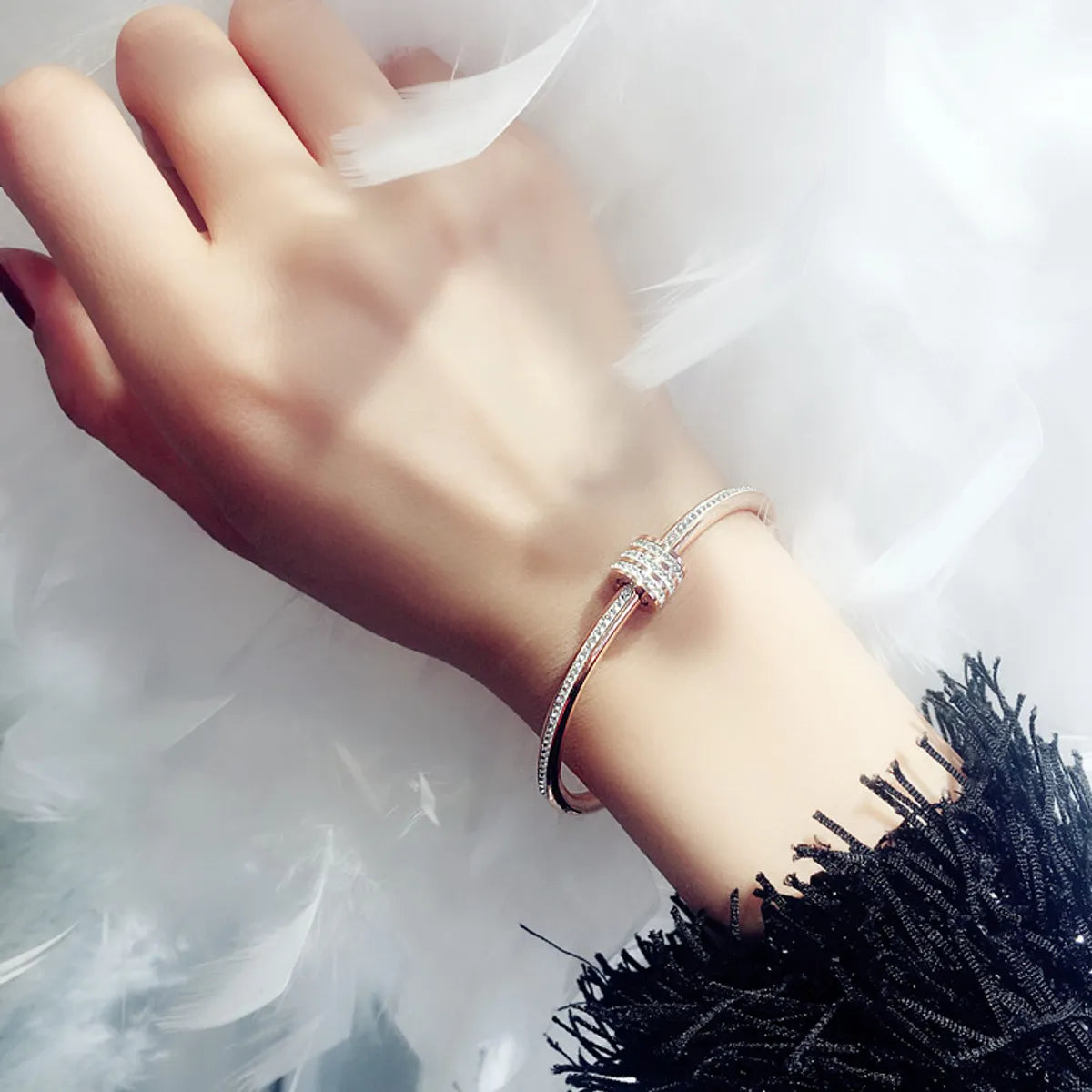 Titanium Steel Bangle with Triple Ring Charm & Rhinestones – Dariya Jewelry