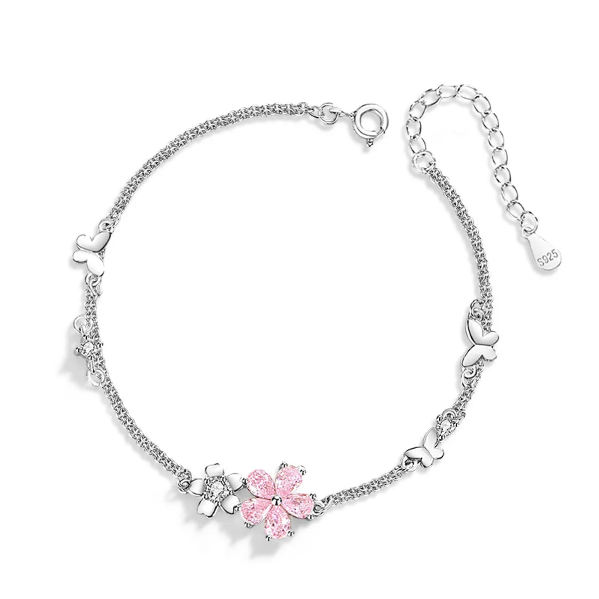 Sterling Silver Flower & Butterfly Bracelet with Pink Zircon – BDIY79