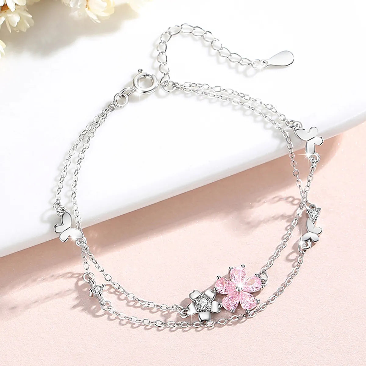 Sterling Silver Flower & Butterfly Bracelet with Pink Zircon – BDIY79