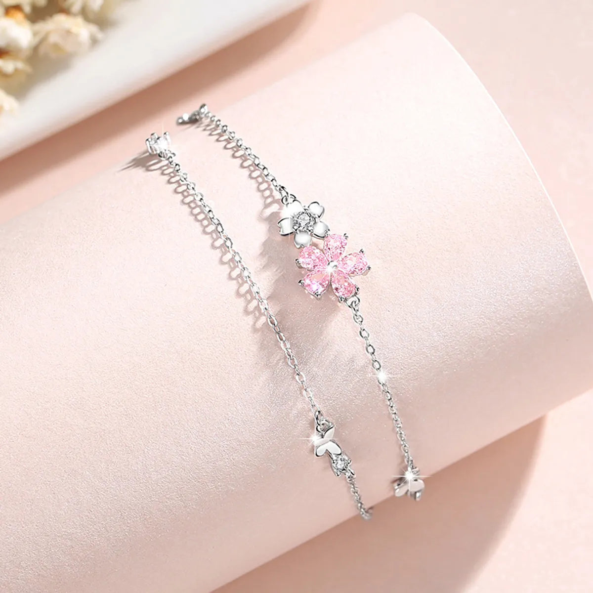 Sterling Silver Flower & Butterfly Bracelet with Pink Zircon – BDIY79