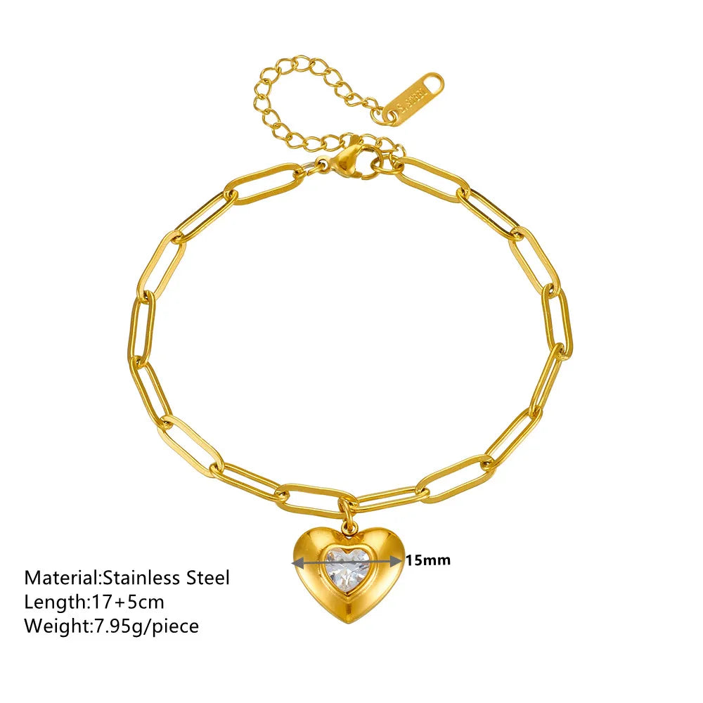 Heart Charm Titanium Steel Bracelet - 18K Gold Plated, Rhinestone Accent | Dariya Jewelry