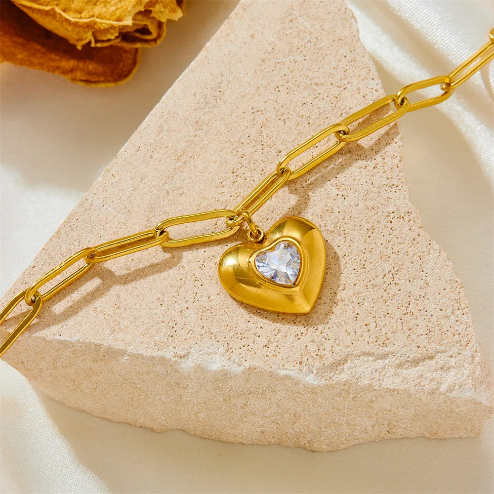 Heart Charm Titanium Steel Bracelet - 18K Gold Plated, Rhinestone Accent | Dariya Jewelry