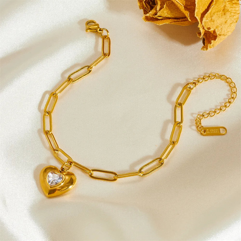 Heart Charm Titanium Steel Bracelet - 18K Gold Plated, Rhinestone Accent | Dariya Jewelry