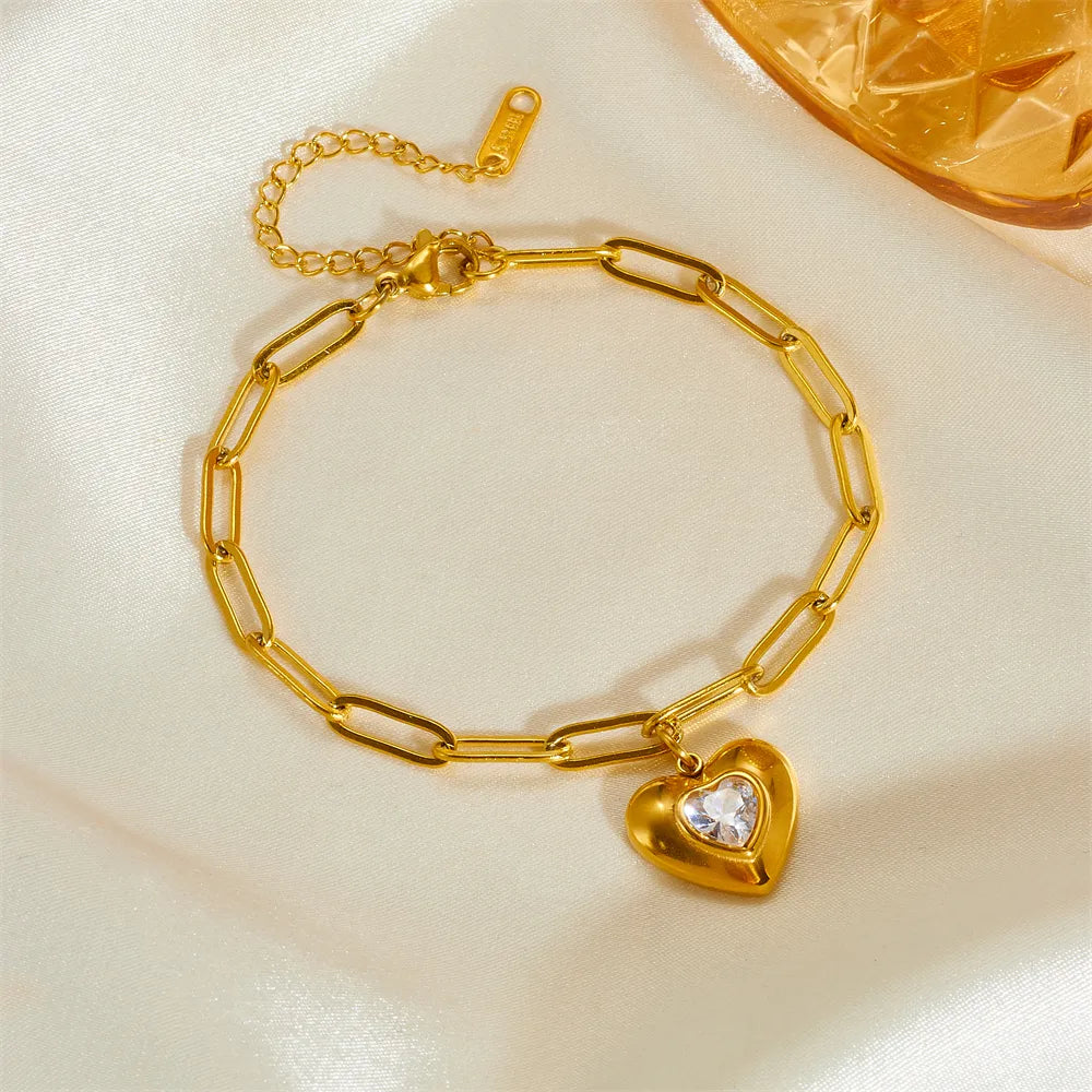 Heart Charm Titanium Steel Bracelet - 18K Gold Plated, Rhinestone Accent | Dariya Jewelry