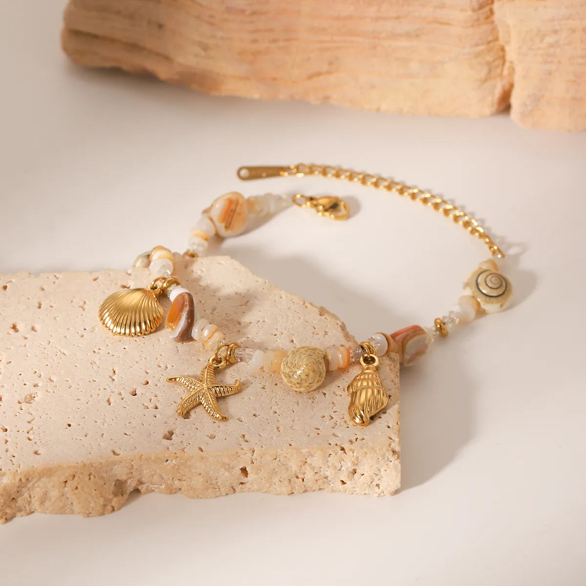 Shopify Product Title: Tropical Starfish & Shell Charm Bracelet – 18K Gold Plated Handmade