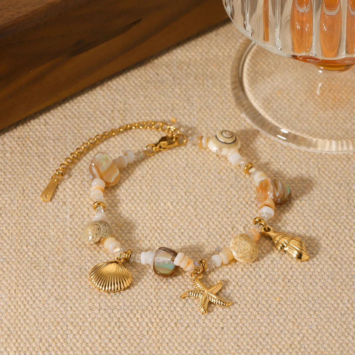 Shopify Product Title: Tropical Starfish & Shell Charm Bracelet – 18K Gold Plated Handmade