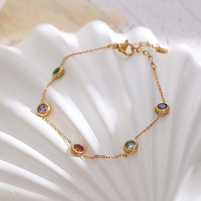 Gold-Plated Titanium Bracelet with Colorful Zircon Charms – Geometric Design