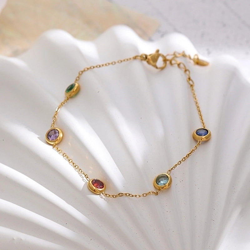 Gold-Plated Titanium Bracelet with Colorful Zircon Charms – Geometric Design
