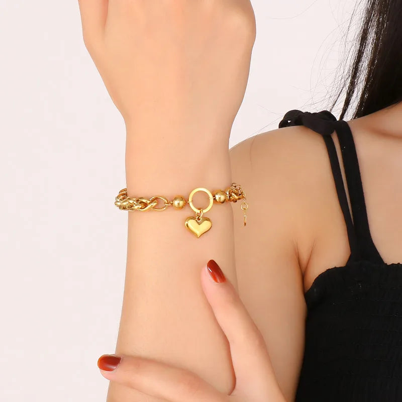 18K Gold Plated Heart Charm Bracelet | Titanium Steel