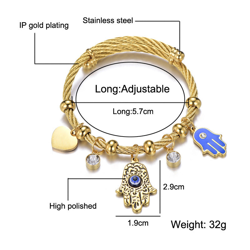 Roman Style Evil Eye & Hamsa Charm Bangle – Gold-Plated 304 Stainless Steel