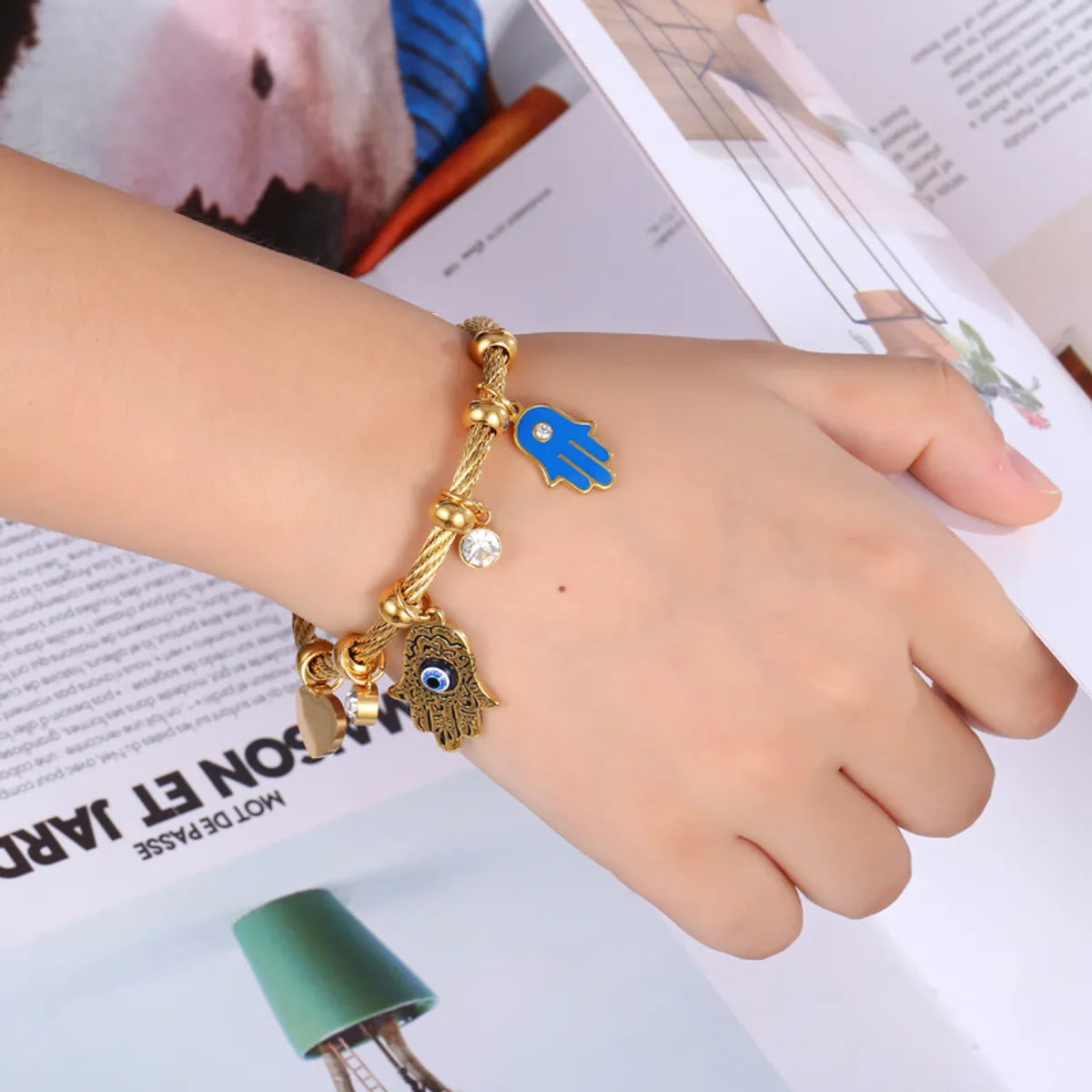 Roman Style Evil Eye & Hamsa Charm Bangle – Gold-Plated 304 Stainless Steel
