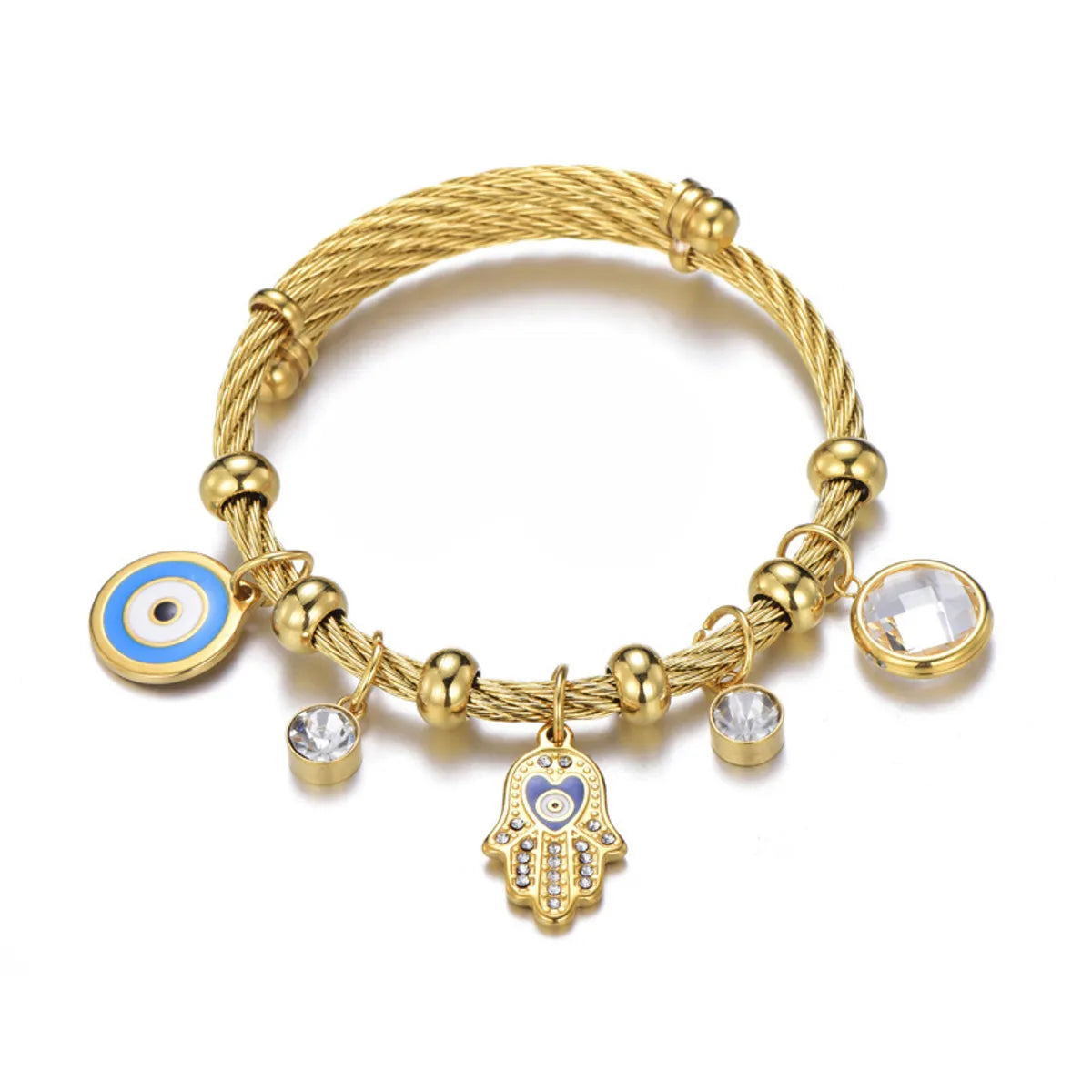 Roman Style Evil Eye & Hamsa Charm Bangle – Gold-Plated 304 Stainless Steel