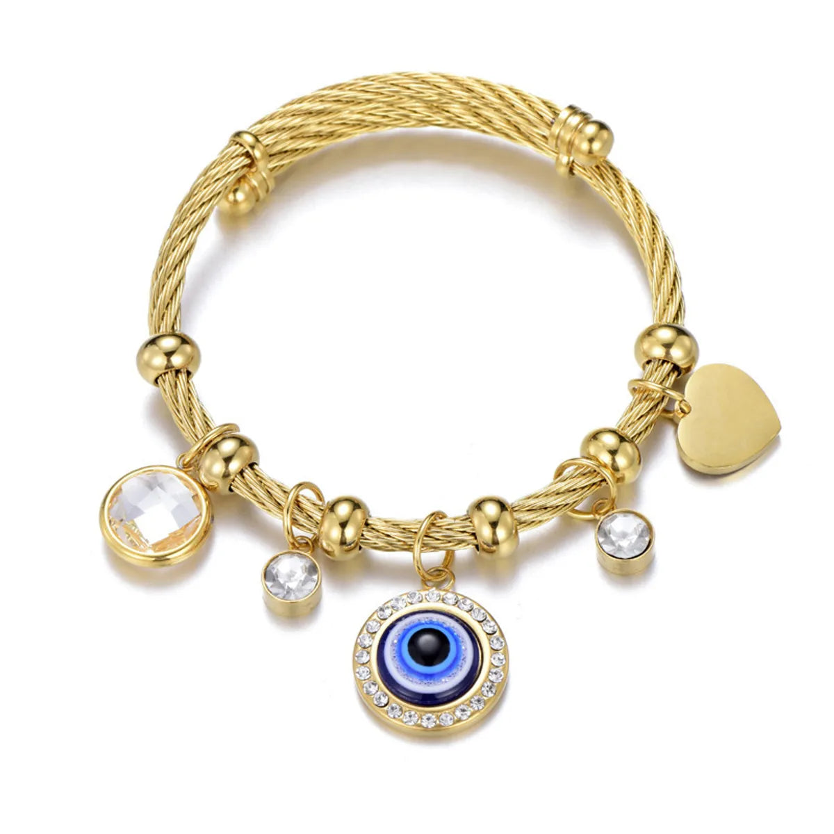 Roman Style Evil Eye & Hamsa Charm Bangle – Gold-Plated 304 Stainless Steel