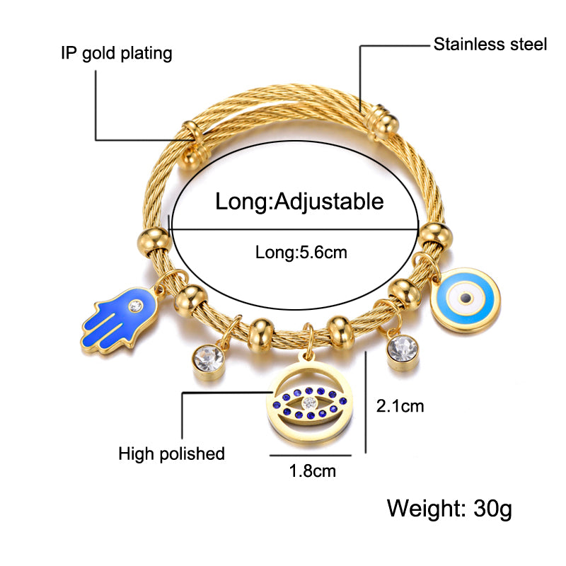 Roman Style Evil Eye & Hamsa Charm Bangle – Gold-Plated 304 Stainless Steel
