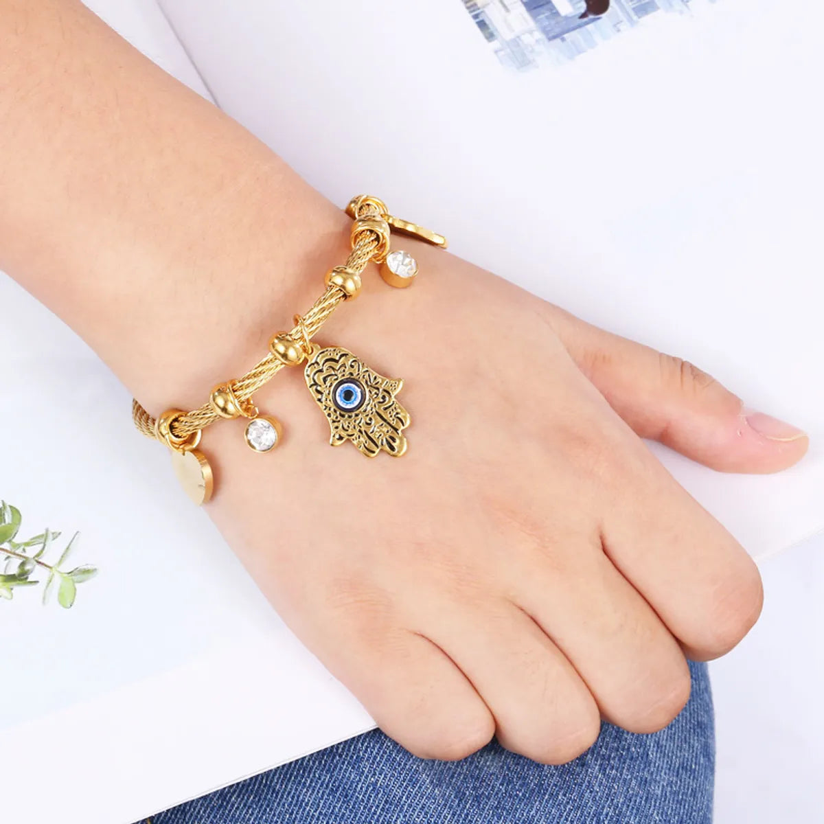 Roman Style Evil Eye & Hamsa Charm Bangle – Gold-Plated 304 Stainless Steel
