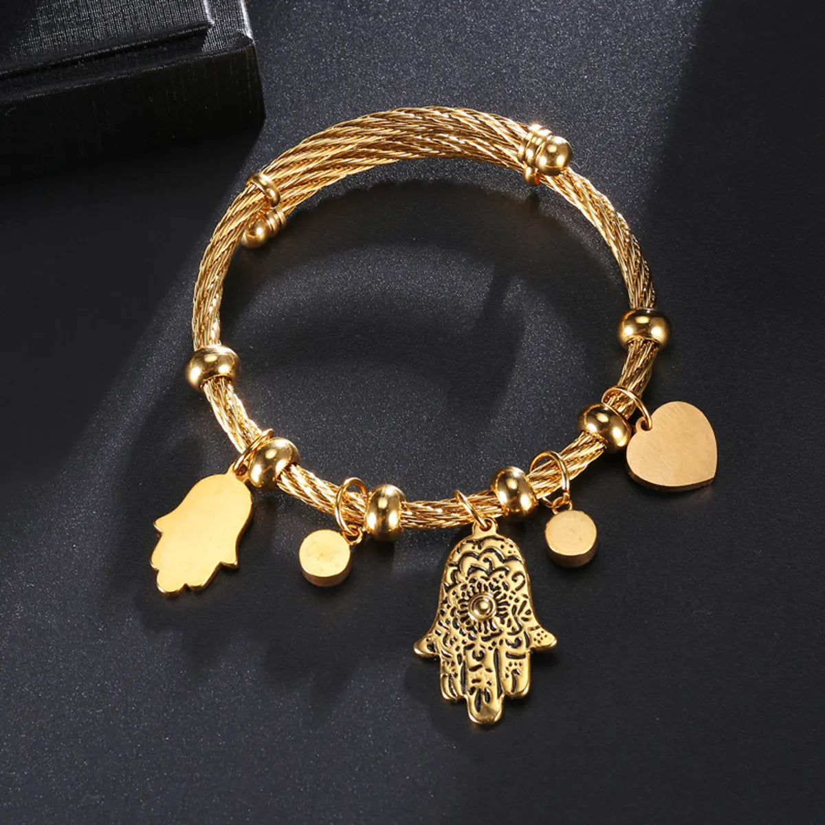 Roman Style Evil Eye & Hamsa Charm Bangle – Gold-Plated 304 Stainless Steel