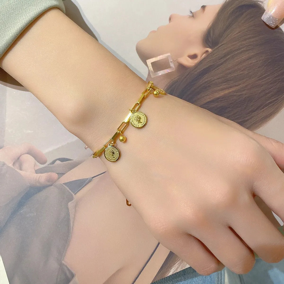 Bold Geometric 18K Gold Plated Charm Bracelet – Titanium Steel Style