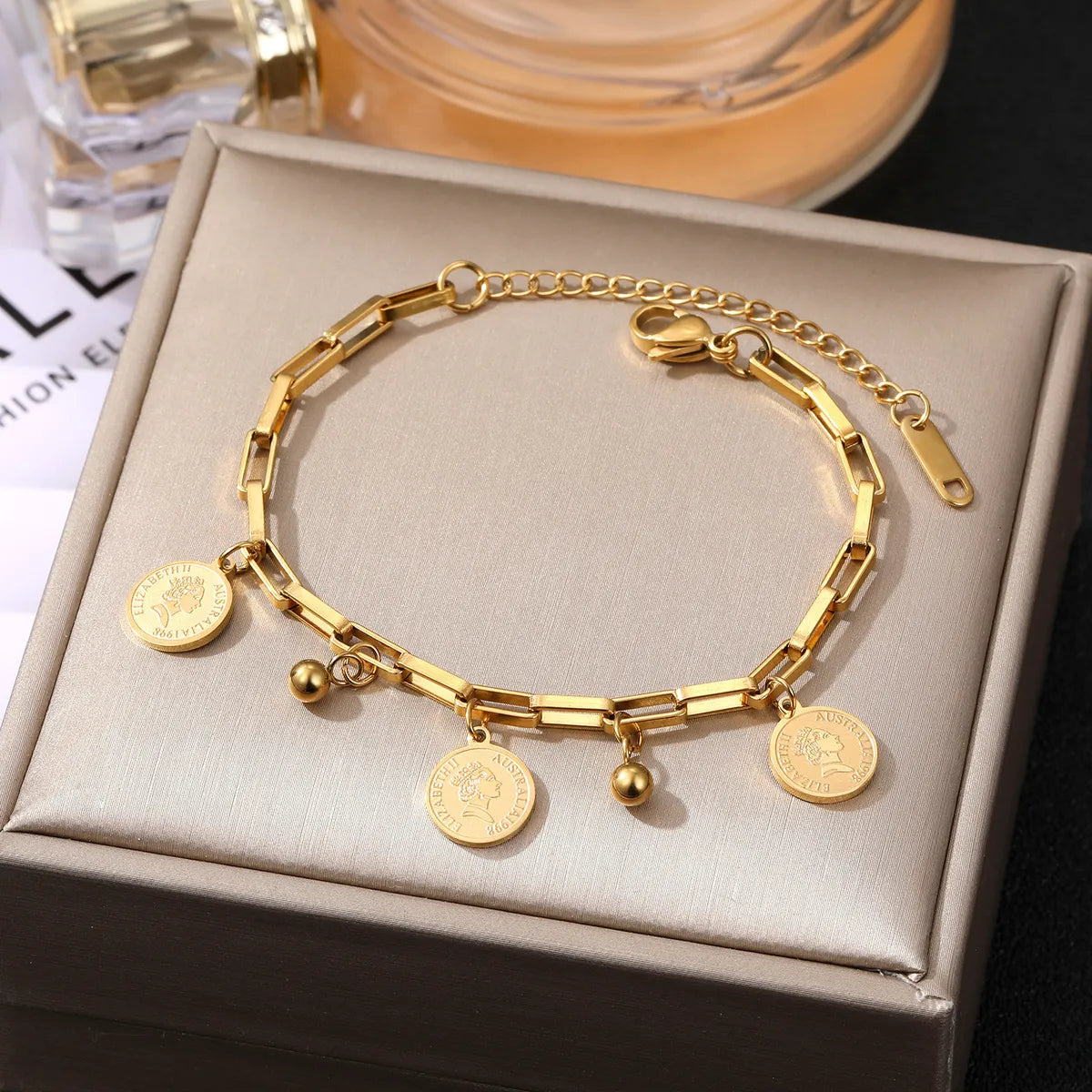 Bold Geometric 18K Gold Plated Charm Bracelet – Titanium Steel Style