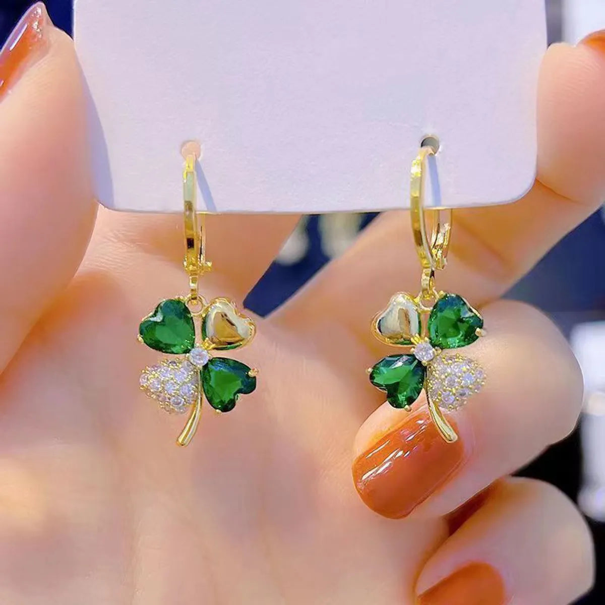 Elegant Gold-Plated Four-Leaf Clover Drop Earrings with Zircon