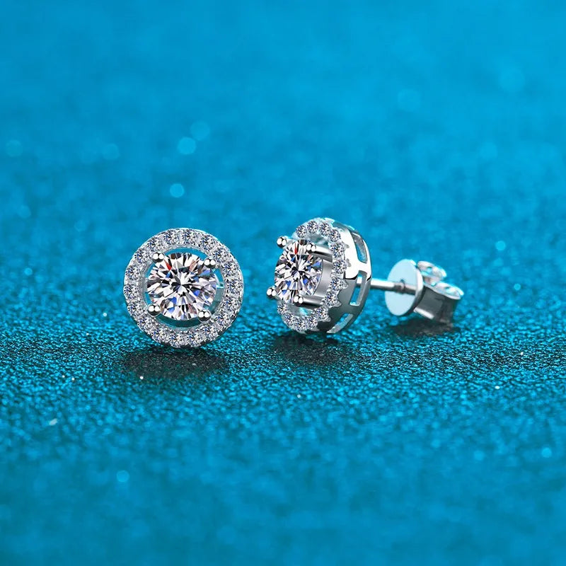 : Sterling Silver Round Moissanite & Zircon Ear Studs – Elegant & Luxurious