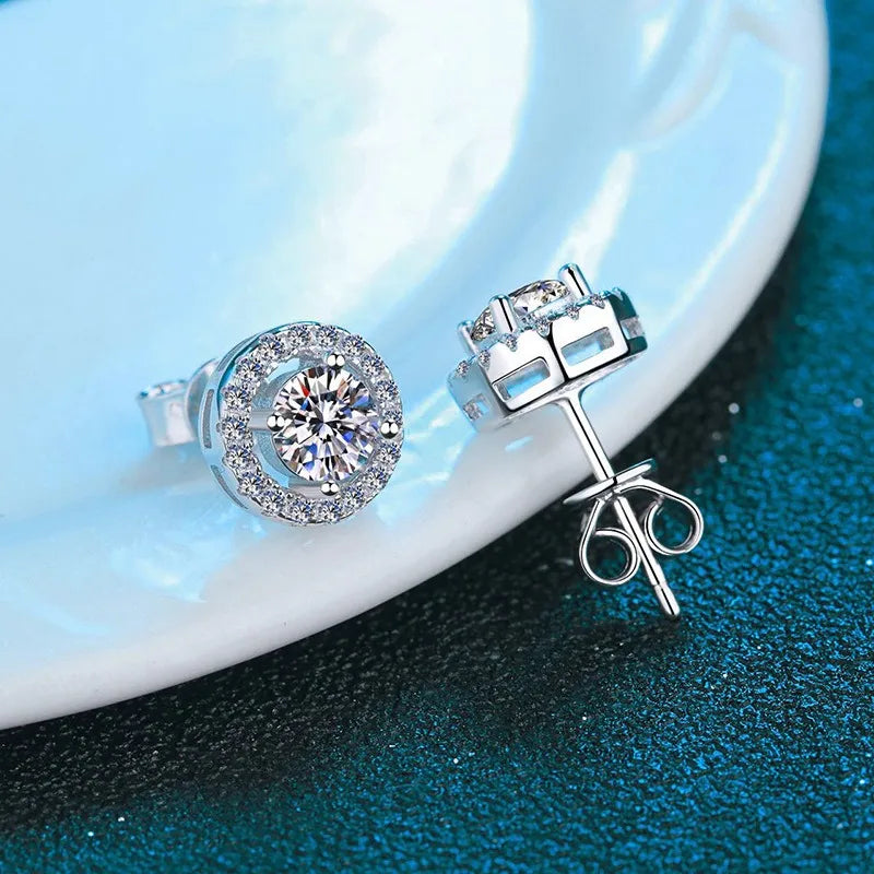 : Sterling Silver Round Moissanite & Zircon Ear Studs – Elegant & Luxurious