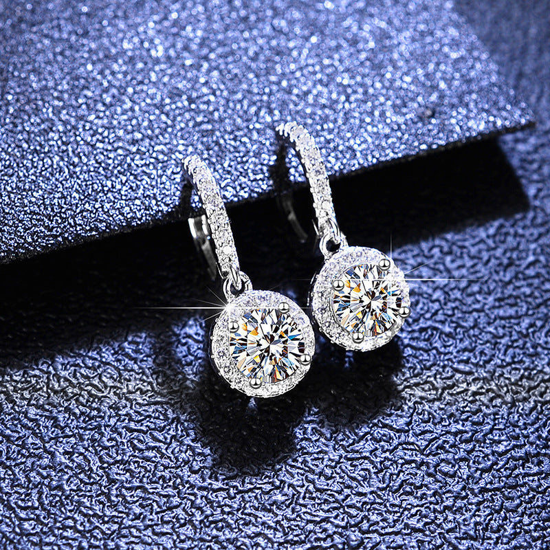 Simple Style Round Moissanite & Zircon Drop Earrings in Sterling Silver