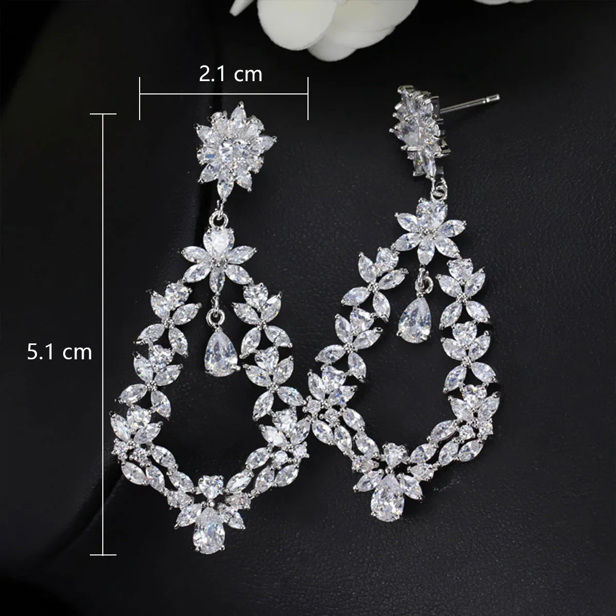 Elegant White Gold Plated Drop Earrings with Shiny Zircon Water Droplet & Flower Design – 925 Silver