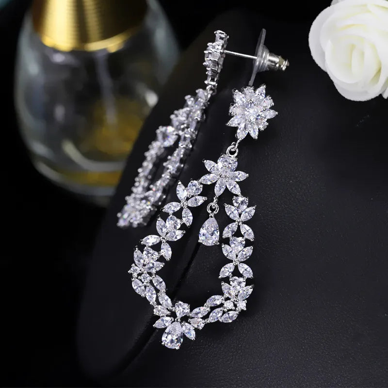 Elegant White Gold Plated Drop Earrings with Shiny Zircon Water Droplet & Flower Design – 925 Silver