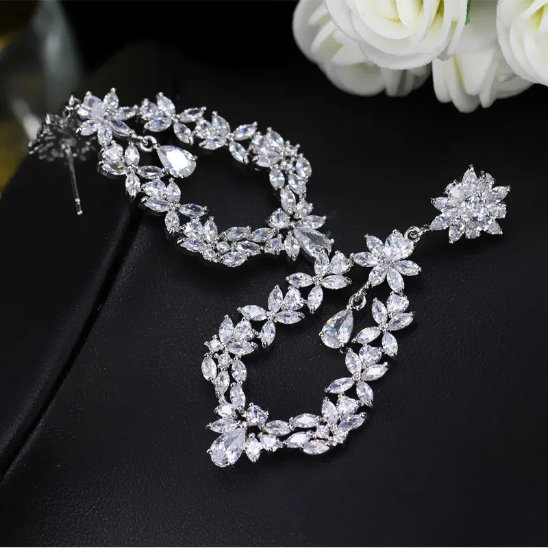 Elegant White Gold Plated Drop Earrings with Shiny Zircon Water Droplet & Flower Design – 925 Silver