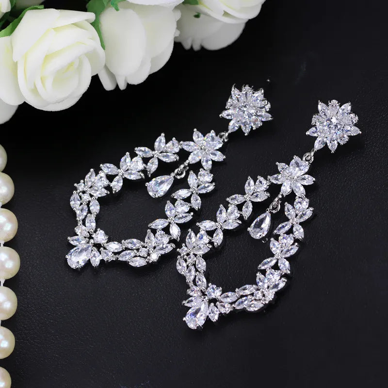 Elegant White Gold Plated Drop Earrings with Shiny Zircon Water Droplet & Flower Design – 925 Silver